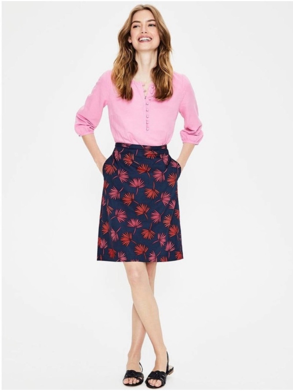 Boden Scattered Holiday Palm Print A-Line Cotton Skirt Navy Blue & Pink Size 4‎